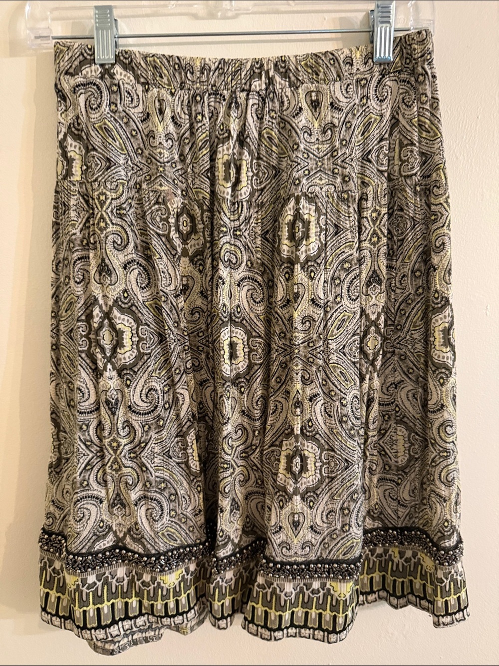 Paisley-Print Midi Skirt in Olive and Gray with Decorative Hem